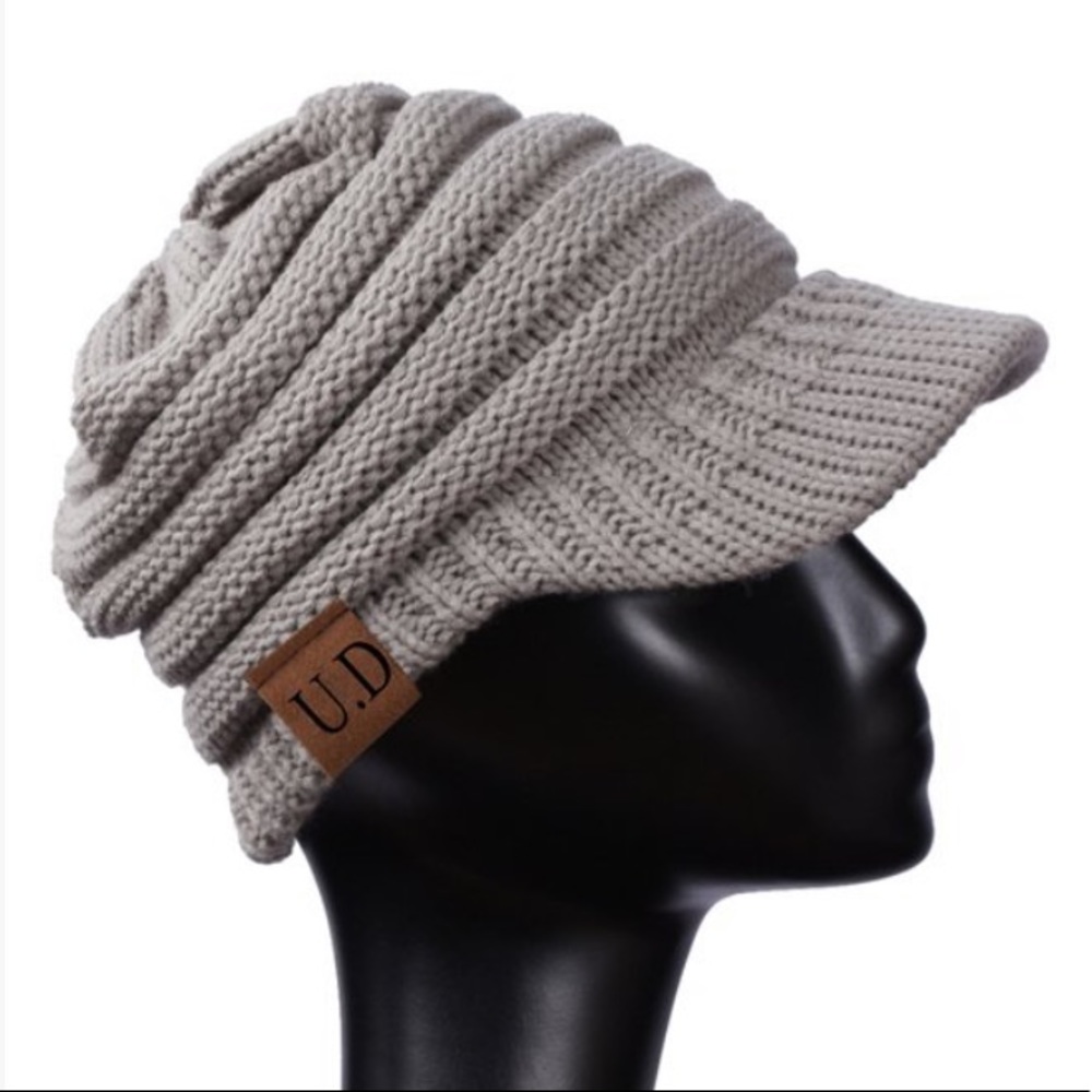 Light Grey Brimmed BUN Beanie